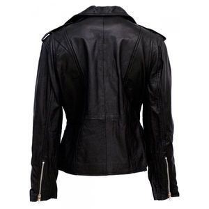Biker Fashion Basic Biker Chaquetas de invierno para mujer Piel de vaca Cuero genuino con cuello levantado y decoración bordada - Product Image 2