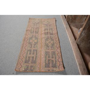 Vintage <b>Brown</b> Ikat <b>Wool</b> Turkish Rug 1.6x3.5 ft Small Patchwork Design with Latex Backing Eco-Friendly Traditional Rug - Product Image 2