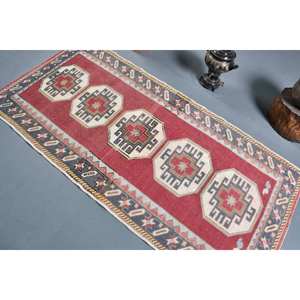 Alfombra de lana turca Vintage rojo beige 33x68 pies diseño de retazos rectangular grande para pasillo alfombra de habitación de estilo tradicional de látex - Product Image 4