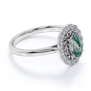 แหวนสลักลายวินเทจแบบกำหนดเองได้ ดีไซน์ดอกทานตะวันที่ได้แรงบันดาลใจจากธรรมชาติ ประดับด้วยมอสอะเกตทรงรี 1.30 กะรัต และเพทาย ชุบทอง 14K เหมาะสำหรับงานปาร์ตี้ - Product Image 4