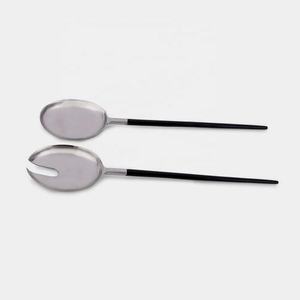 Mango de diseño de madera grueso redondo pulido brillante, cabezas plateadas, juego de cuchara y tenedor para servir ensalada de diseñador para boda - Product Image 3