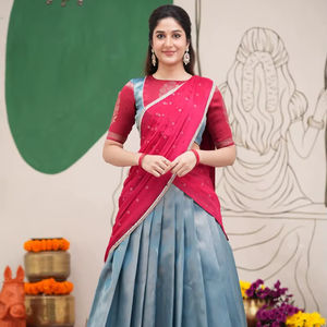 Women <b>Red</b> <b>Silk</b> Lehenga Saree with Embroidered Blouse Party Wear Traditional Outfit - Product Image 1