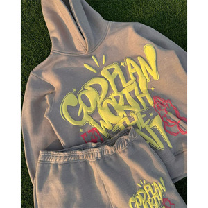 Trajes de chándal personalizados de peso pesado algodón Puff estampado Jogger trajes 100% algodón pantalones de chándal y Sudadera con capucha conjuntos 500gsm chándal hombres - Product Image 2