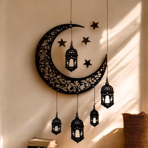 Ensemble élégant de croissant et de lanterne en métal noir à suspendre pour une ambiance traditionnelle du Ramadan et de l'Aïd - Product Image 2