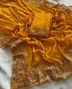 Designer indien dernier doux Crush soie Saree exclusif fête vêtements de mariage Saree pour femmes fille séquence travail jaune couleur Saree - Product Image 1