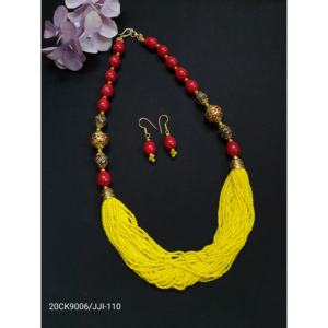 Conjunto de collar llamativo con cuentas rojas y amarillas hechas a mano, joyería étnica india con pendientes a juego - Product Image 4