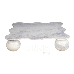 Table basse sculpturale moderne ORRIS LIVING en marbre 100% naturel avec plateau incurvé artistique et pieds ronds en forme de boule, mobilier de luxe - Product Image 5