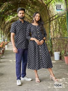Chemise en soie et rayonne imprimée exclusive Blue Hills et combinaison de couple Kurti Tenue de fête tendance élégante pour les couples - Product Image 5