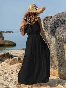 Fabricante bohemio largo elegante cuello pico vacaciones sin mangas con encaje verano Casual señoras negro Maxi vestido - Product Image 6