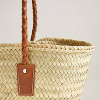 Sac cabas d'été pour femme en feuilles de palmier marocaines tressées à la main avec longues poignées en cuir, taille moyenne