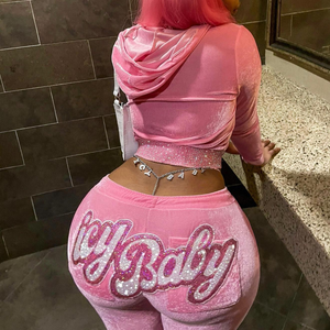 Tute da Ginnastica Personalizzate da <span class=keywords><strong>Donna</strong></span>, Felpa con Cappuccio e Logo <span class=keywords><strong>in</strong></span> Strass, Completo Casual <span class=keywords><strong>in</strong></span> <span class=keywords><strong>Velluto</strong></span> a Due Pezzi - Product Image 1