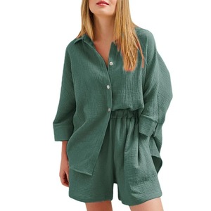 ชุดเสื้อผ้าสองชิ้นสำหรับผู้หญิงใส่สบายๆใส่ฤดูร้อนเสื้อลินินแขนสั้นผ้าฝ้ายกางเกงขาสั้นยาวถึงเข่าสีทึบระบายอากาศได้ดีแห้งเร็ว - Product Image 6