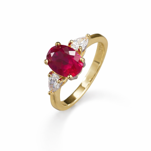 Bague fine en or massif 14 carats avec rubis naturel et diamant de laboratoire en forme de poire, bague de fiançailles à trois pierres ovales en rubis, cadeau de naissance de juillet - Product Image 1