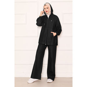 Ensemble en jean noir à capuche pour femme avec fermeture éclair et détail poche kangourou - Product Image 1
