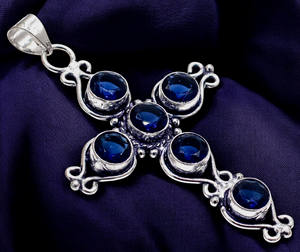Classique Vintage en argent Sterling fait à la main Style bohème croix pendentif bleu Royal saphir antique pierres précieuses réglage de lunette - Product Image 1