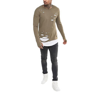 Vente en gros d'usine, t-shirts pour hommes à double couche, délavés, nouveau design, longueur régulière, tendance, tissu en coton tricoté vierge - Product Image 6