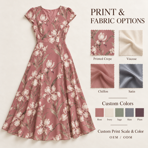 Abito Midi da Donna Personalizzato OEM con Stampa Contorno in Porcellana, Bordo Zaffiro Effetto Ciottolo Disegnato a Mano, Esclusiva Anteprima Espositiva, Private Label - Product Image 5