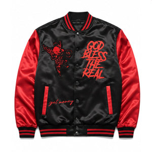 Chaqueta Varsity Negra y Roja de Satén para Hombre, Bordada con 'God Bless The Real', Estilo Urbano, Cuello Camisero, Cierre de un Solo Botón, para Otoño - Product Image 2