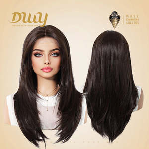 Billie-DWY Long Straight Dark <b>Brown</b> Glueless Synthetic <b>Wig</b> 136 Lace Front Free Part Transparent Lace Color - Product Image 4