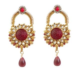 Kriaa Kundan Fine Dangle <b>Earrings</b> with <b>Red</b> Austrian Stone Gold Plated 1303774 Model - Product Image 1