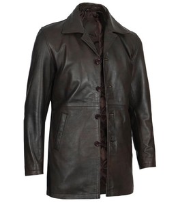 Meilleure vente Veste en cuir de mouton noir pour homme Manteau de motard long de haute qualité avec col montant respirant - Product Image 4