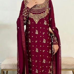 2025@Designer Embroidery on Long Kurta, Pant & Dupatta <b>Dress</b> with Embellished Dabka, Pearls, Stone work for Party-Wear/Wedding - Product Image 1