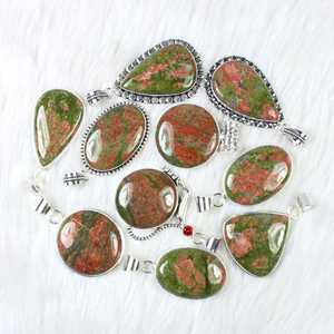 สร้อยคออัญมณี unakite ธรรมชาติจี้สไตล์โบฮีเมียนสร้อยคอดีไซน์เนอร์กับการตั้งค่าหนามเตย - Product Image 1