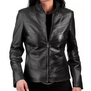 Chaqueta de cuero genuino de piel de cordero rosa de motociclista elegante para mujer - Product Image 3