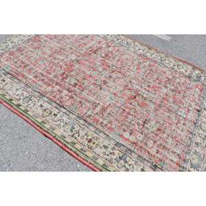 Tapis Turc Vintage 5.8X8.5 pieds Rouge Beige Laine Tapis Fait Main Patchwork Rayé Rectangulaire 10mm Latex pour Salon Couloir - Product Image 5