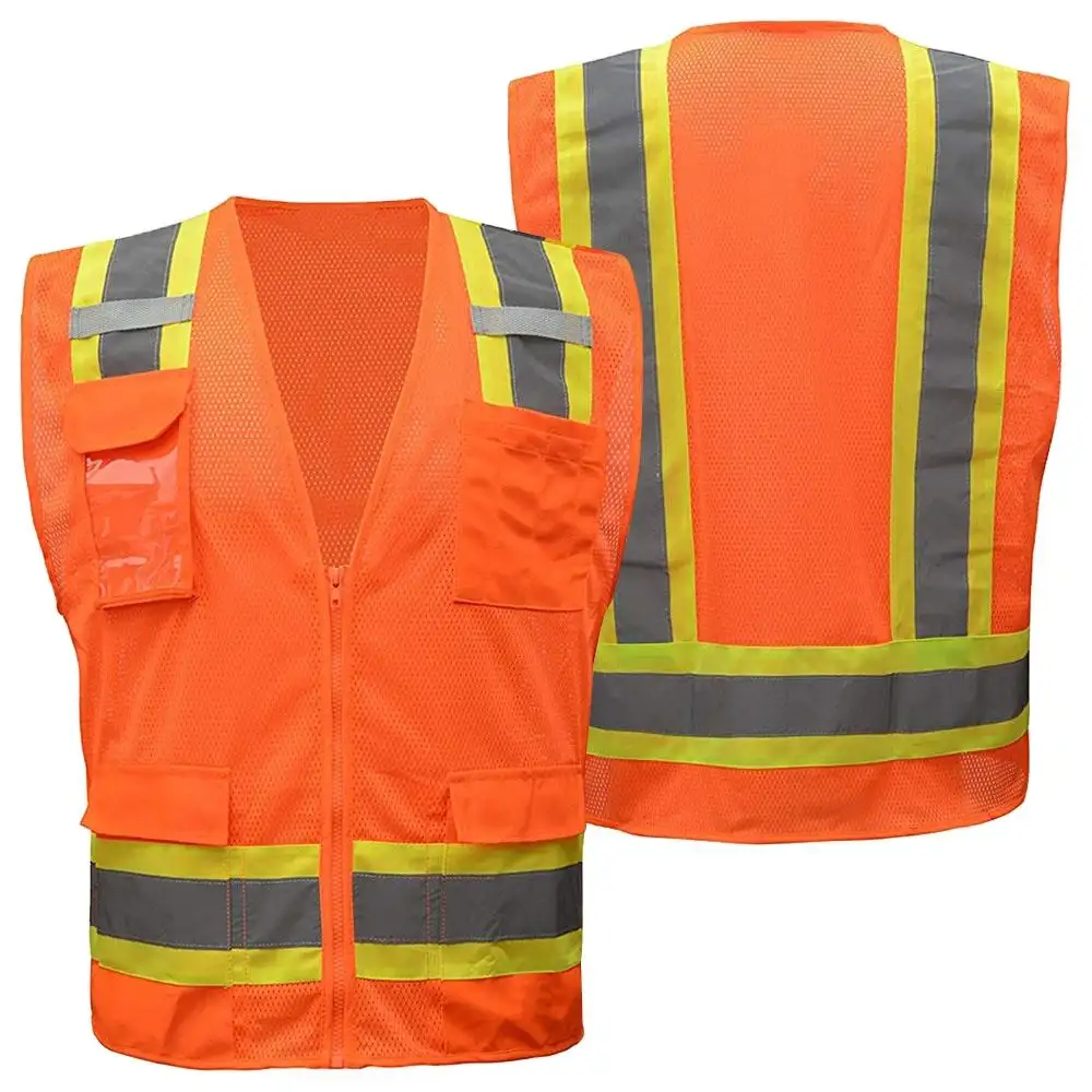 Warna kustom Hi Vis Viz rompi keamanan saku ritsleting reflektif visibilitas tinggi rompi pakaian kerja jaket dalam harga grosir