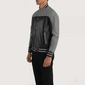 Terrance Vintage Black Grey <b>Sheepskin</b> Leather Varsity <b>Jacket</b> Water-Proof Wool Embroidered Pattern Decoration Sizes XS XL - Product Image 2