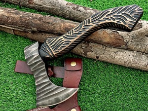 ขวานเชฟเหล็กไวกิ้งทำจากคาร์บอนออกแบบได้ตามต้องการด้ามไม้แกะสลักด้วยมือพร้อมปลอกหนัง5ชิ้น - Product Image 2