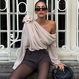 New Sexy Skew Collar Floral <b>Applique</b> Mesh Chiffon Tops For Women Elegant Fashion Club Cropped Tops See Through Pullover - Product Image 3