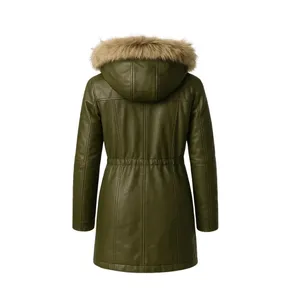 เสื้อโค้ทหนังสีเขียวมะกอกยาวพร้อมฮู้ดแต่งขนเฟอร์ - Product Image 2