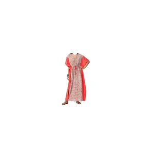 Reasonable Prices Red Floral Printed Katha with Pattern Cotton Kaftan For Women Wearing Dress By Indian Exporters