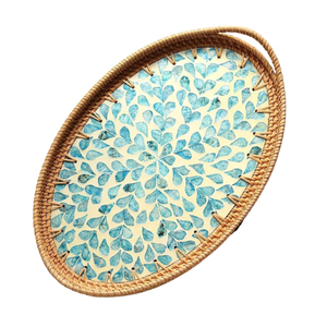 Plateau de service en rotin fait à la main élégant coquillage floral plateau de style côtier floral canne à perle naturelle unique pour la vie de restauration - Product Image 4