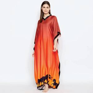 Robes pour femmes coupe ajustée en viscose rayonne col en V manches courtes longues marron Ombrey vêtements de détente caftan - Product Image 5