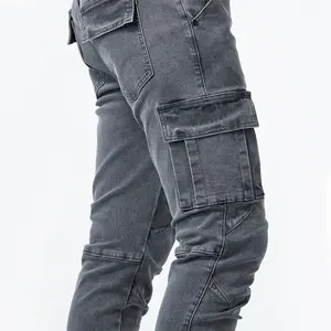 Jean pour homme de couleur unie, pantalon cargo en denim multi-poches, taille moyenne, slim fit, tenue quotidienne pour printemps automne - Product Image 5