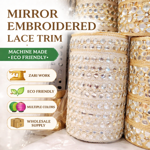 Custom Machine Made Embroidery <b>Mirror</b> Work Lace Border <b>Gold</b> Silver Crochet Gota Trim Eco-Friendly for Saree Dress Wedding - Product Image 3