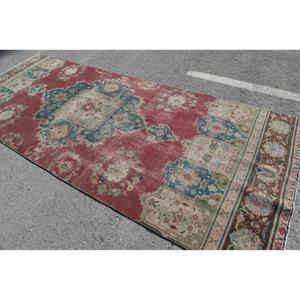 Turkish Vintage Rug, 5x12.5 ft Rug, <b>Red</b> Blue Plants & trees <b>Wool</b> Rug - Product Image 5