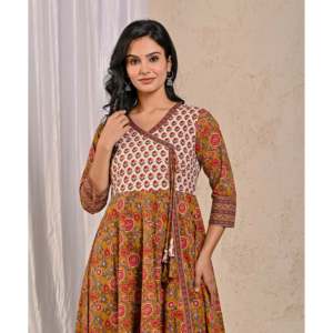 Vestido largo de algodón Angrakha con estampado de mostaza Jaipuri, Lehenga Choli indio con Saree y Salwar, ropa suave cosida. - Product Image 1