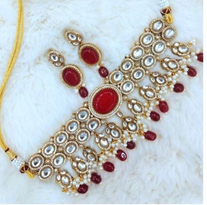 Ensemble de collier en laiton de cuivre Kundan indien traditionnel boucles d'oreilles assorties bijoux de Style Vintage mariages fêtes cadeaux fiançailles - Product Image 1