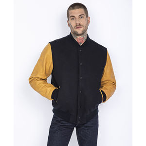 เสื้อแจ็กเก็ตเบสบอลของผู้ชายเสื้อแจ็กเก็ตสีดำผ้าขนสัตว์แขนหนังปักกำมะหยี่แบบสั่งทำสำหรับฤดูหนาว - Product Image 3