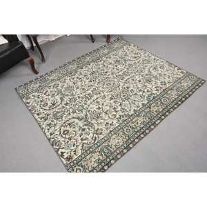 Tapis classique en laine bleu beige 4.7x5.6 pieds fait à la main Design patchwork rectangle turc pour salon chambre avec support en latex - Product Image 3