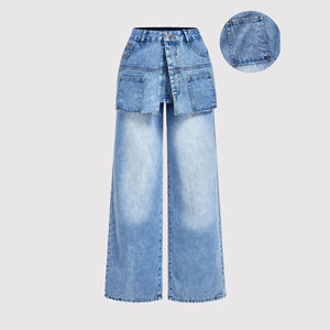 Vaqueros anchos asimétricos de cintura media transpirables y holgados para mujer, estilo urbano, desgastados, vintage, con dobladillo de mezclilla. - Product Image 3