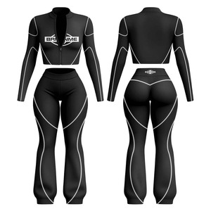 GSM polyester spandex women <b>crop</b> T shirt and leggings set <b>red</b> black panel design heat transfer custom logo Print Women's Sets - Product Image 5