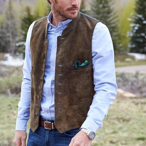Gilet de Costume Décontracté Homme EDGECO en Cuir Véritable Marron Velours Givré, Col en V, Simple Boutonnage, Sans Manches, Tissu Tricoté - Product Image 4