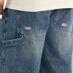 Pantalones Cortos de Mezclilla para Hombre, Estilo Casual, Corte Holgado, con Bajo Deshilachado, Lavado Vintage, Largura hasta la Rodilla, Estilo Urbano de Verano - Product Image 4
