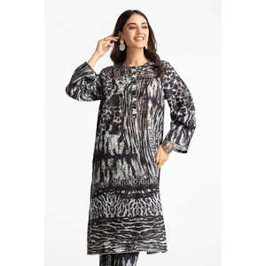 Ensemble coordonné imprimé en tissu lawn noir pour femmes, tenue en crêpe deux pièces avec manches trois-quarts, tailles XS et XXS disponibles - Product Image 5