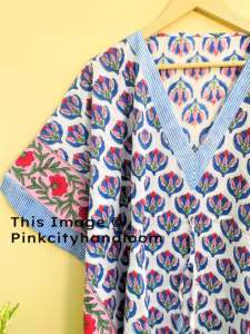 Bikini estampado en Bloque para mujer, ropa de dormir de algodón Natural hecha a mano, caftán, albornoz acolchado, vestido Maxi - Product Image 4